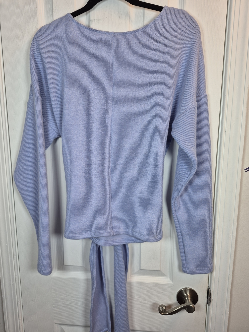 By Anthropologie Blue Periwinkle Ribbed Wrap Front Tie Top Sweater Size Large - Picture 3 of 7
